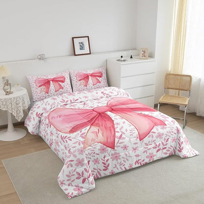 Erosebridal Cute Princess Girls Bedding Comforter Sets Kawaii Bowknot Bedding Set Twin for Kids Teen Women,Fantasy Pink White Flower Plant Comforter Set Watercolor Bow Duvet Insert 2 Pcs