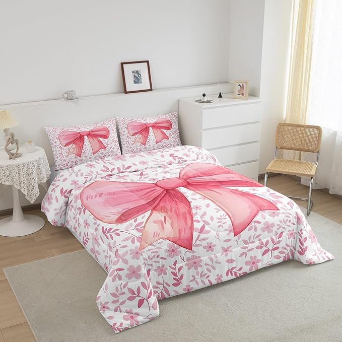 Erosebridal Cute Princess Girls Bedding Comforter Sets Kawaii Bowknot Bedding Set King for Kids Teen Women,Fantasy Pink White Flower Plant Comforter Set Watercolor Bow Duvet Insert 3 Pcs