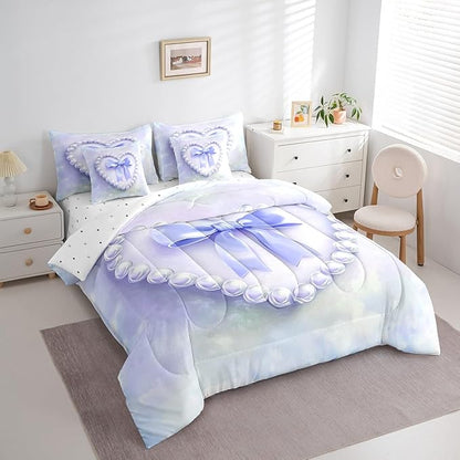 jejeloiu Girls Silk Bow 7 Piece Bedding Set King Size Purple Pearl Comforter Set with Sheets for Kids Women Princess Style Bed in a Bag Purple Ombre Bed Set