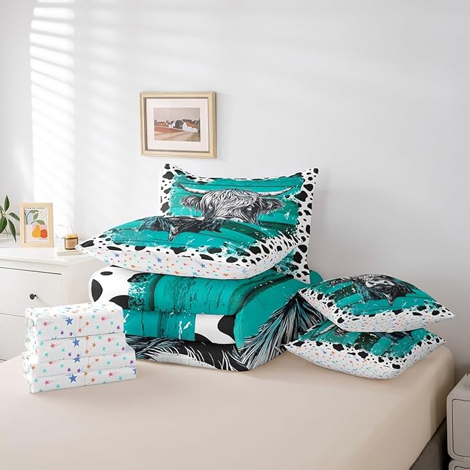 Erosebridal Highland Cow 7 Piece Bedding Set Queen Size,Rustic Cowhide Bed in a Bag,Cow Pattern Bed Set Includes Comforter, Sheet Set, Pillowcases & Pillow Covers All Season Bedroom Decor