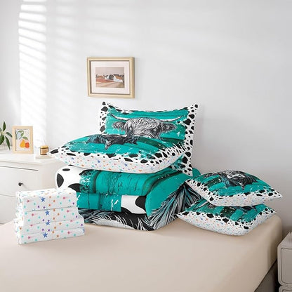 Erosebridal Highland Cow 7 Piece Bedding Set King Size,Rustic Cowhide Bed in a Bag,Cow Pattern Bed Set Includes Comforter, Sheet Set, Pillowcases & Pillow Covers All Season Bedroom Decor