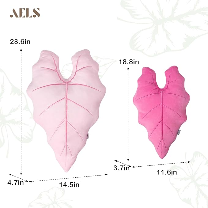 AELS Set of 2 3D Leaves Decorative Valentine Throw Pillows, 23.6" & 18.8" Philodendron Gloriosum Plush Pillow Set for Plant Lovers Garden Lovers, Living Room Bedroom Decor, Hot Pink & Pale Pink