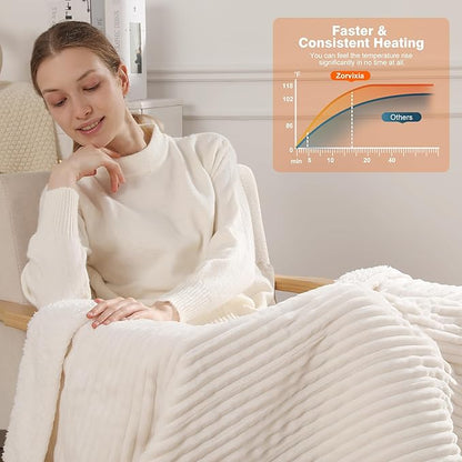 Electric Blanket Twin Heated Blanke 62"x84" Striped Flannel & Thick Sherpa, 5 Heat Settings & 10 Hour Auto Off with FCC/ETL Certified, Overheat Protection & Machine Washable, White
