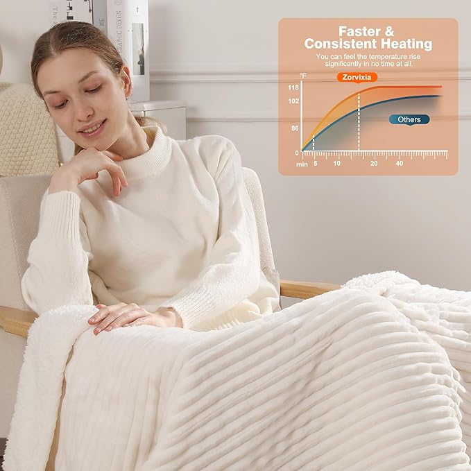 Electric Blanket Full Heated Blanket Full Size- Striped Flannel & Thick Sherpa, 5 Heat Settings & 10 Hour Auto Off with FCC/ETL Certified, Overheat Protection & Machine Washable, White 72"x84"