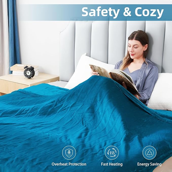 Electric Heated Blanket Queen Size 84"x90", Soft Plush Microplush for Bed, Dual Controllers & Heating Zones, 10Hs Auto Off & 5 Heating Levels, Machine Washable, Gifts for Family-Blue Green