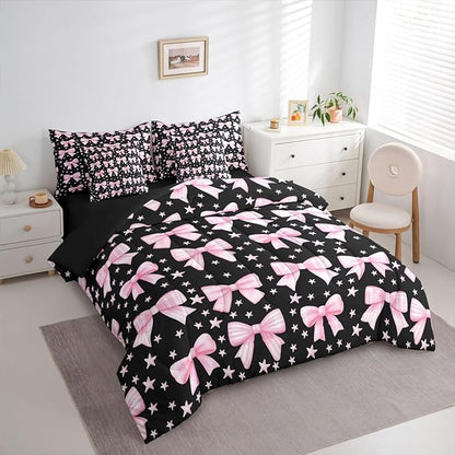 Erosebridal Kawaii Cute Black Pink Girls Bowknot Comforter Set Queen Size 7 Pieces | Bow Kids Bed in A Bag Y2K Starry Bed Set Princess Bedding