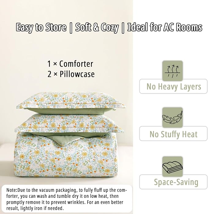 Floral Cotton Comforter King Size 3Pcs - Yellow and Blue Tiny Flowers & Little Lambs on White, Sage Green Back, Reversible Lightweight Bedding Sets with Soft Fill(King, 104"×90")