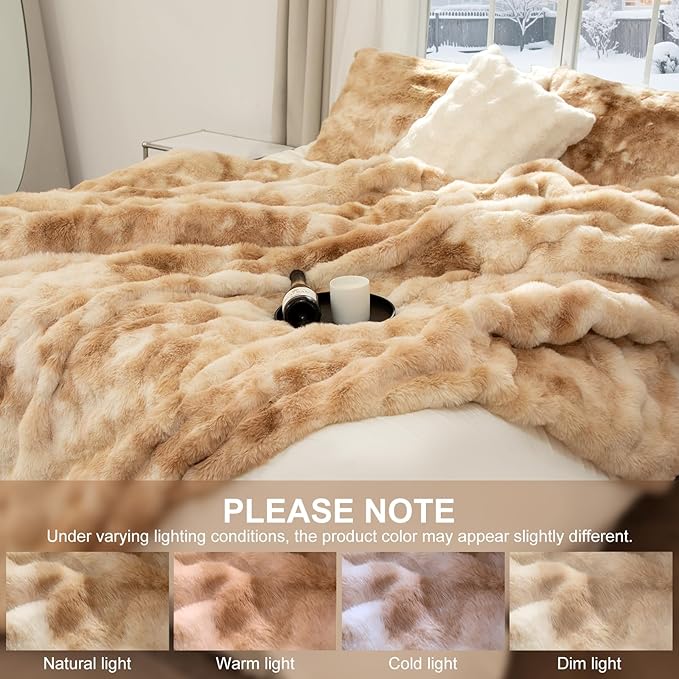Faux Fur Electric Blanket King Size 100"X90" - Bubble Faux Fur Heated Blanket Fluffy Soft Thick with 6 Heating Levels & 10 hrs Timer Settings, Washable & ETL Certified for Bed, Tie-Dye Beige