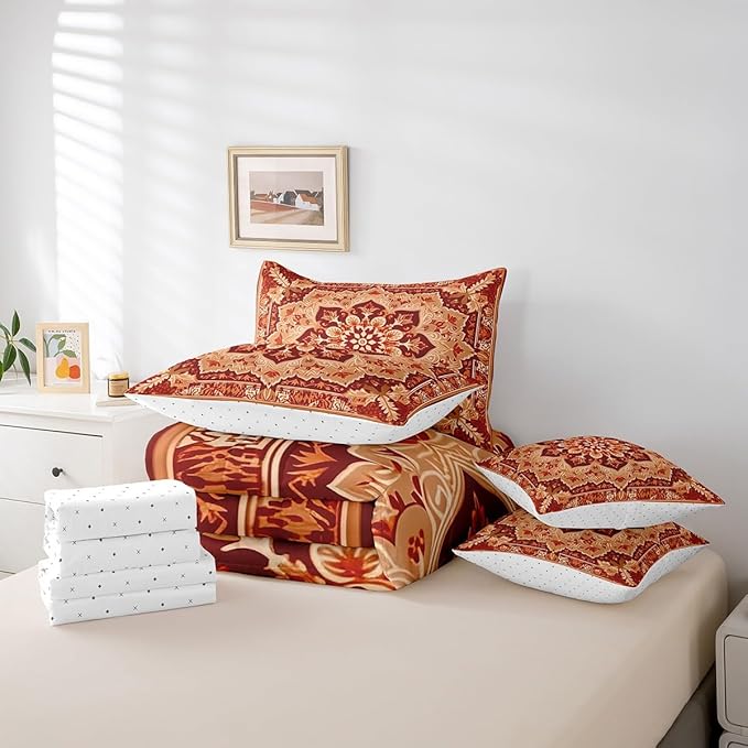Erosebridal Peony Oriental Medallion Bed in a Bag Art Deco Floral Bedding Full Size 7pcs, Vintage Paisley Comforter Set Hippie Flower Bedding Comforter Sets, Retro Rustic Farmhouse Bedding Accessories