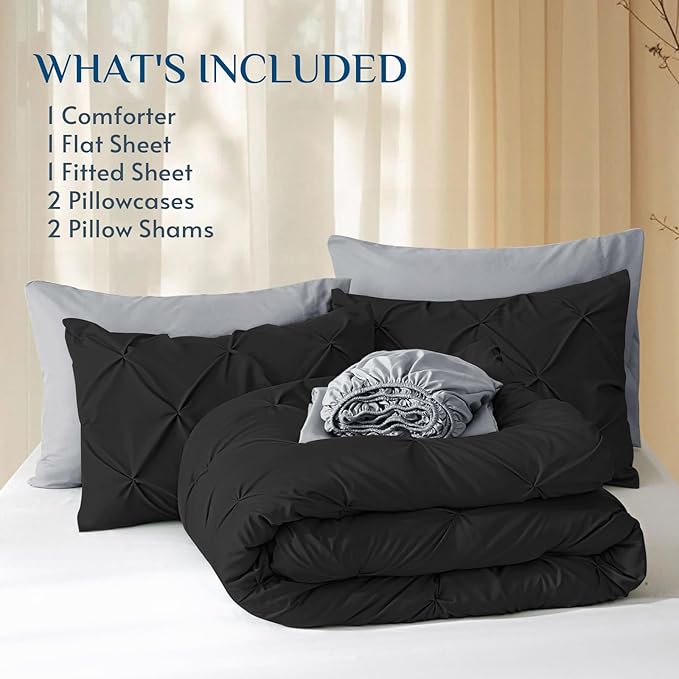 JOLLYVOGUE Full Size Comforter Sets 7 Pieces - Bed in a Bag Full for All Season, Pintuck Bedding Comforter Sets with Comforter, Flat Sheet, Fitted Sheet and Pillowcases & Shams, Black & Light Grey