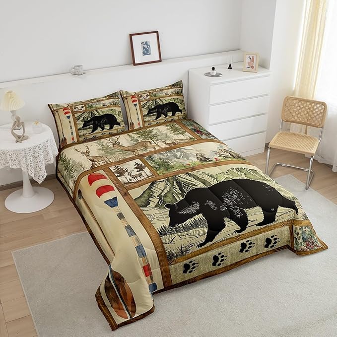 Rustic Farmhouse Comforter Set Queen, Retro Hunting Bear Bedding Comforter Sets for Kids Boys, Lake House Decor Bedding for The Home, Cabin Lodge Paddle Decor Down Comforter, Moose Wildlife Duvet Set