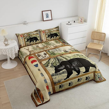 Rustic Farmhouse Comforter Set Queen, Retro Hunting Bear Bedding Comforter Sets for Kids Boys, Lake House Decor Bedding for The Home, Cabin Lodge Paddle Decor Down Comforter, Moose Wildlife Duvet Set