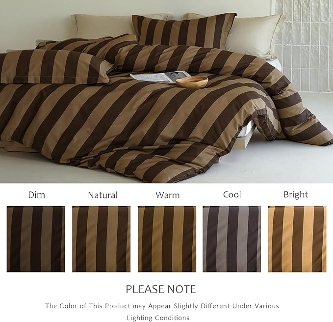 King Size Cotton Comforter Set, 3Pcs Brown Yellow Striped Duvet for All Seasons, Luxury Warmth Breathable Bedding Set with 1 Lightweight Comforter and 2 Pillow Shams