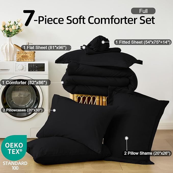 FUANNA Full Size Comforter Sets Black, 7 Pieces Soft Bed in a Bag Full, All Season Lightweight Bed Sets with Comforter, Flat Sheet, Fitted Sheet, Pillowcases & Shams