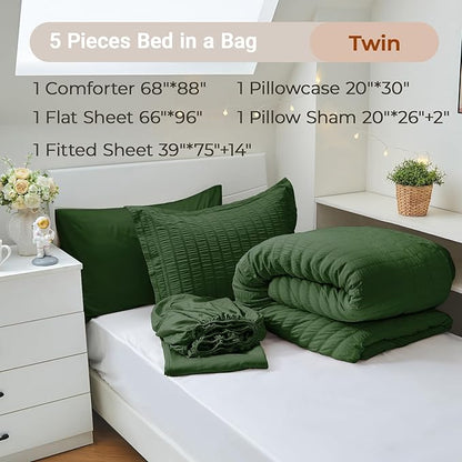 MUXHOMO 5 Pieces Twin Comforter Set, Seersucker Bed in a Bag Twin Size, All Season Luxury Bedding Set with Comforter, Flat Sheet, Fitted Sheet, Pillowcase & Sham, Dark Green