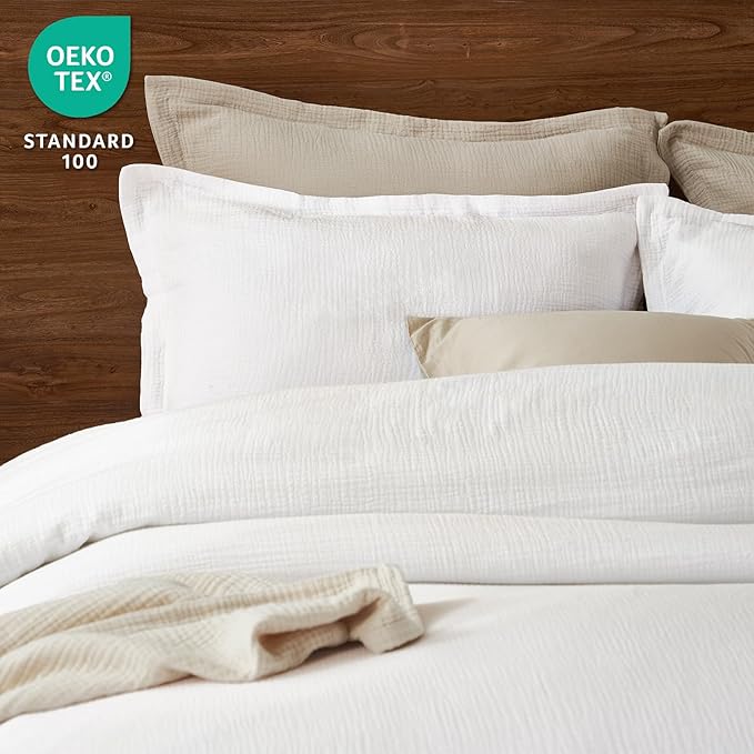 PHF Cotton Muslin Comforter Set Queen Size, Ultra Soft, Breathable & Lightweight All-Season Bedding, Filling: 100% Polyester, 3 Pieces with 1 Comforter 90"x90" and 2 Pillow Shams 20"x26", White