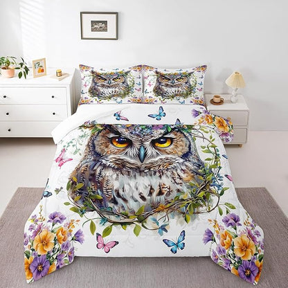 Owl Kids Comforter Set Queen Size,Jungle Exotic Birds Bedding Set,Boys Girls Men Room Decor,Watercolor Flowers Leaces Down Comforter,Pink Blue Butterfly Duvet Insert,2 Pillowcases