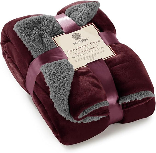 Genteele Sherpa Throw Blanket Super Soft Reversible Ultra Luxurious Plush Blanket, 50 x 60 inches, Rich Burgundy Red/Gray