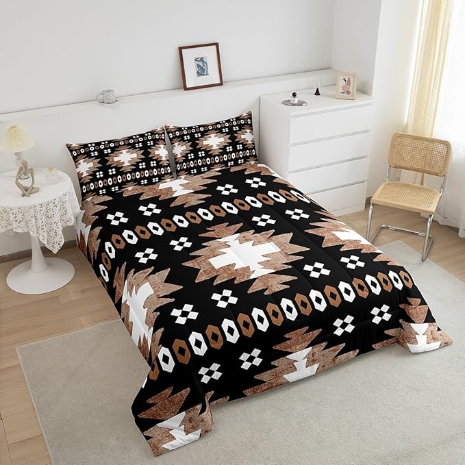 Feelyou Boho Comforter Set Twin Size Southwest Native American Design Comforter Southwestern Geometric Bedding Set Western Decor Duvet Set Room Decor Brown Balck Quilt Set