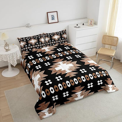 Feelyou Boho Comforter Set King Size Southwest Native American Design Comforter Southwestern Geometric Bedding Set Western Decor Duvet Set Room Decor Brown Balck Quilt Set