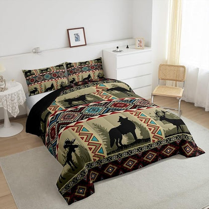 Western Bedding Sets Twin for Boys,Wolf Comforter Set Reindeer Elk Deer Quilt Exotic Tribal Southwestern Native Geometric Aztec Duvet Insert,Vintage Woodland Wild Animal Room Decor
