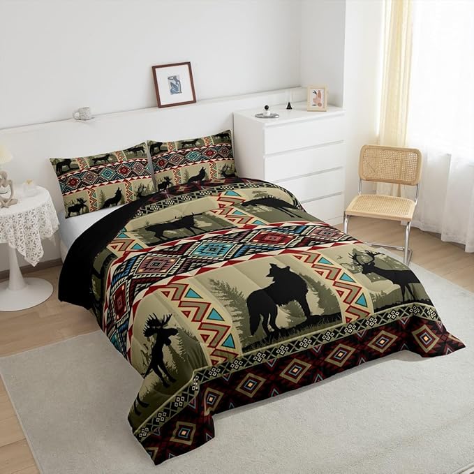 Erosebridal Western Bedding Sets for Boys,Wolf Queen Comforter Set Reindeer Elk Deer Quilt Exotic Tribal Southwestern Native Geometric Aztec Duvet Insert,Vintage Woodland Wild Animal Room Decor