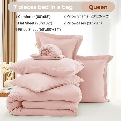 MUXHOMO 7 Pieces Queen Comforter Set, Soft Bed in a Bag Queen Size, All Season Bedding Set with Comforter, Flat Sheet, Fitted Sheet, Pillowcases & Shams, Pink
