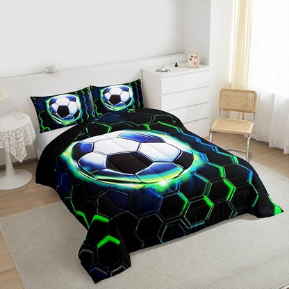 Football Kids Bedding Set King Size,Soccer Game Ball Sports Comforter Set，Geometric Honeycomb Hexagon Quilt Comforter,Black Green Bedroom Duvet Insert,2 Pillowcases