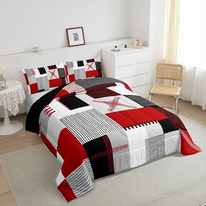 Erosebridal Red Grey Comforter Set King for Kids Boys Teen Black White Abstract Bedding Set Modern Fashion Room Decor Geometric Square Quilt Grids Checkered Duvet Insert 3 Pcs