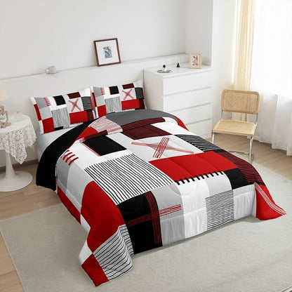 Erosebridal Red Grey Comforter Set King for Kids Boys Teen Black White Abstract Bedding Set Modern Fashion Room Decor Geometric Square Quilt Grids Checkered Duvet Insert 3 Pcs