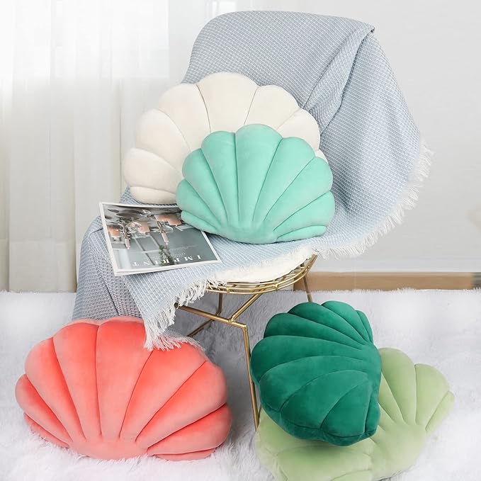 Yi-gog Seashell Pillow Sea Shaped Decorative Princess Throw Pillow 3D Velvet Soft Ocean Cute Throw Pillows for Bed Couch Chair Sofa Room 18 X 13 inch