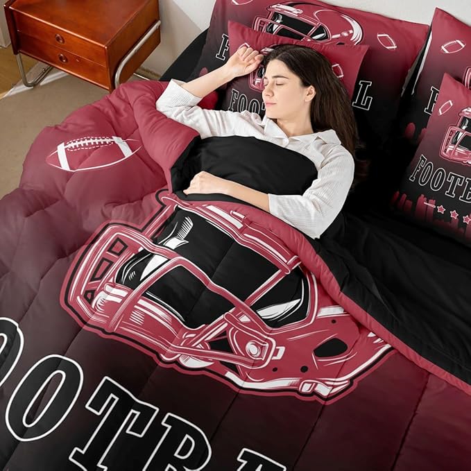 Erosebridal American Soccer Boys Twin 7 Piece Bedding Set Football City Comforter Set with Sheets Sports Rugby Bed in A Bag for Kids Teen Adults,Red Black Ball Sports Games Bed Set