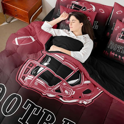 Erosebridal American Soccer Boys Twin 7 Piece Bedding Set Football City Comforter Set with Sheets Sports Rugby Bed in A Bag for Kids Teen Adults,Red Black Ball Sports Games Bed Set