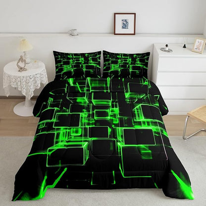 Erosebridal Fluorescent Green and Black Kids Comforter Set, Modern Geometric Square Bedding for Boys Girls Gradient Neon Light Honeycomb Duvet Set Queen 3 Pieces