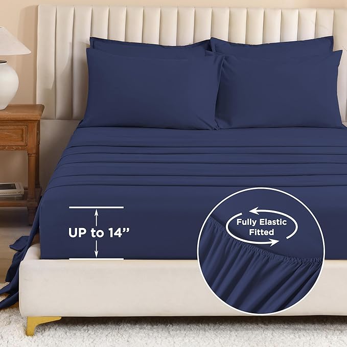 Litanika Queen Comforter Set Navy Blue - 7 Pieces Bed in a Bag Queen Bedding Comforter Sets, Solid Lightweight Bed Set with Comforter, Sheets, Pillowcases & Shams