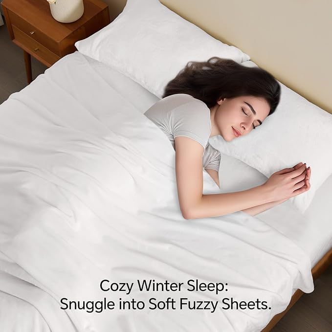 BEDELITE Flannel Sheets Twin Size Bright White - Super Soft Fleece Sheets Set Fluffy Extra Plush, 3 Piece(Include Fitted Sheet, Flat Sheet, 1 Pillowcase)