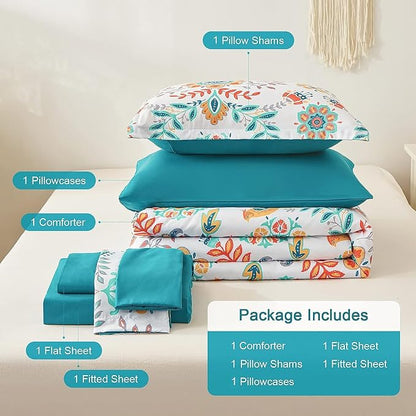 Boho Comforter Set Twin - 5 Pieces Bed in a Bag Floral Medallions Design, Bohemian Comforter Set with Sheets, Soft Microfiber Complete Bedding Sets All Season (Teal Blue, Twin)