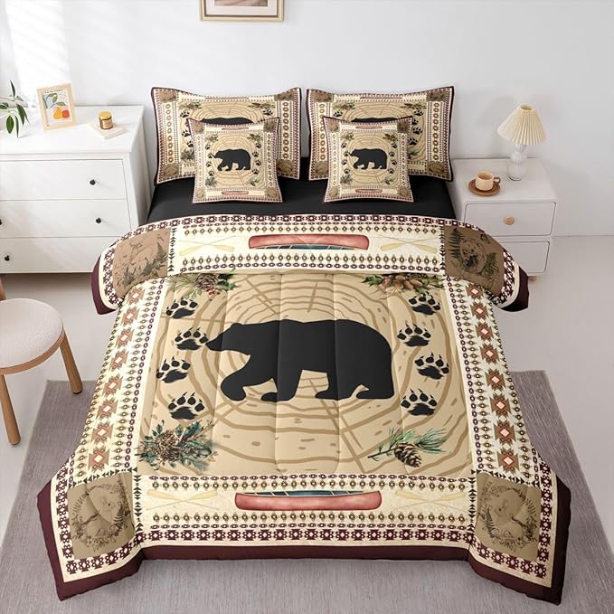Erosebridal Bear 7 Piece Comforter Set Queen Rustic Cabin Decor Bedding Set Kids Teens Tribal Wild Animals Bed in A Bag Western Aztec Quilt Stump Bear Paw Print Sheet Set Exotic Nordic Style