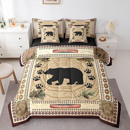 Erosebridal Bear 7 Piece Comforter Set Full Rustic Cabin Decor Bedding Set Kids Teens Tribal Wild Animals Bed in A Bag Western Aztec Quilt Stump Bear Paw Print Sheet Set Exotic Nordic Style