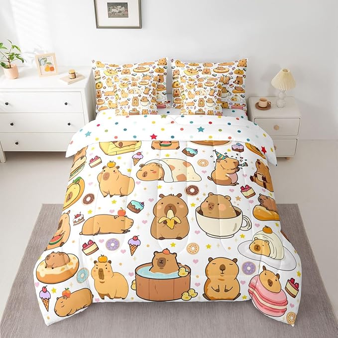 Capybara 7 Pcs Bedding Set Twin Size,Cartoon Cute Capybara Animals Bed in a Bag,Funny Rodent Animal Bed Set Includes Comforter,Sheet Set,Pillowcases & Pillow Covers,Stars Hearts Desserts Bedroom Decor