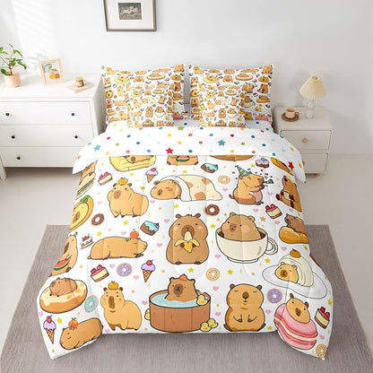 Capybara 7 Pcs Bedding Set Twin Size,Cartoon Cute Capybara Animals Bed in a Bag,Funny Rodent Animal Bed Set Includes Comforter,Sheet Set,Pillowcases & Pillow Covers,Stars Hearts Desserts Bedroom Decor