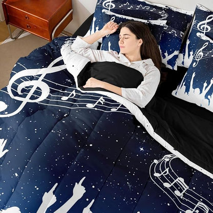 Erosebridal Music Note Stave White Blue King 7-Piece Comforter Set | Starry Sky Sheets and Pillowcases Piano Swirl Guitar Bed in A Bag Aesthetic Kids Adults Bed Sets