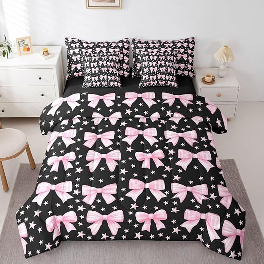 Erosebridal Kawaii Cute Black Pink Girls Bowknot King 7-Piece Comforter Set | Bow Kids Sheets and Pillowcases Y2K Starry Bed in A Bag Princess Bed Sets