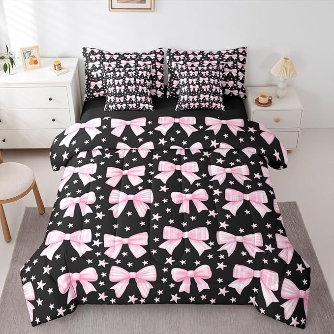 Erosebridal Kawaii Cute Black Pink Girls Bowknot 7 Piece Bedding Set Twin | Bow Kids Comforter Set with Sheets Y2K Starry Bed in A Bag Princess Bed Sets