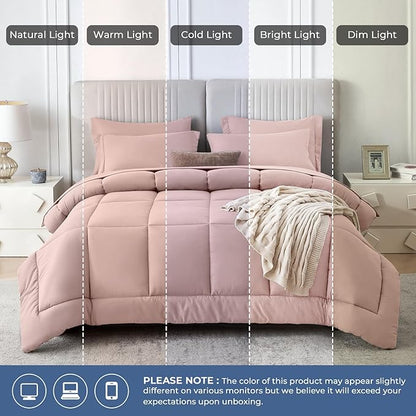 Sasttie California King Comforter Set, 7 Pieces Cal King Bed in a Bag, Complete Bedding Set Includes Comforter, Flat Sheet, Fitted Sheet, Pillowcases and Pillow Shams, Rose Gold