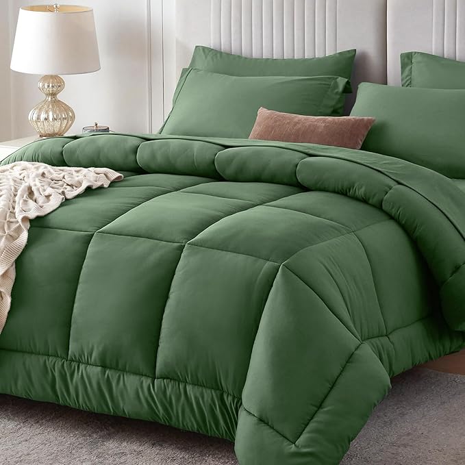 Sasttie King Size Comforter Set, 7 Pieces Bed in a Bag King, Complete Bedding Set Includes Comforter, Flat Sheet, Fitted Sheet, Pillowcases and Pillow Shams, Dark Green