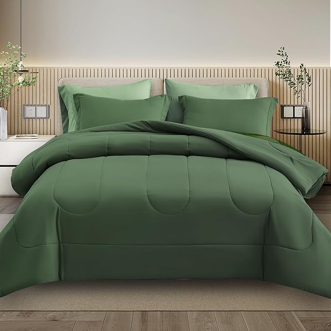 Maple&Stone Full Size Comforter Set 7 Pieces Bed in a Bag - Down Alternative Bed Set with Sheets, Pillowcases & Shams, Soft Reversible Duvet Insert, Olive Green