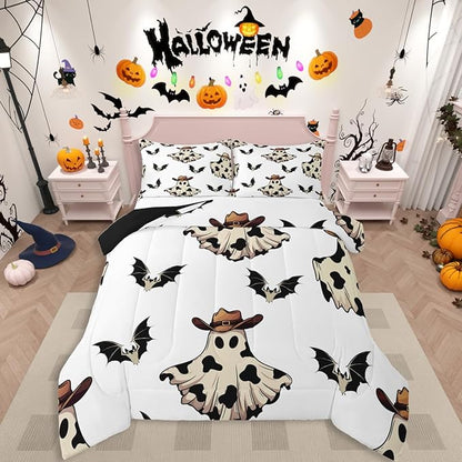 Erosebridal Cowboy Ghost Comforter Set Queen for Boys, Horror Halloween Decor Bedding Set Gothic Bat Comforter, Black Bat Quilt with 2 Pillow Cases for Kids Girls Teens Women Men Bedroom