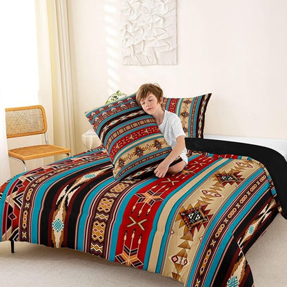 Aztec Bedding Set Ethnic Tribal Arrow Queen Comforter Set,Vintage Southwestern Native Bohemian Quilt,Western Star Duvet Insert Exotic Geometric Diamond Stripes Room Decor,Burnt Sienna Brown
