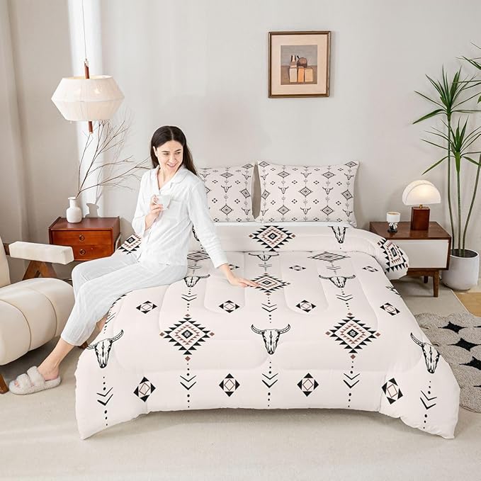 Erosebridal Western Aztec Comforter Set Full Size American Native Bedding Set Boho Southwestern Quilt for Kids Boys Teens Adult Bedroom Tribal Bull Skull Farmhouse Duvet Insert